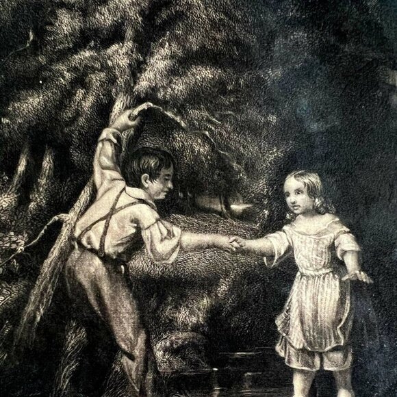 Help Me Over Steel Engraving 1859 Victorian Art Crossing Creek Forest DWY5C - Picture 1 of 2